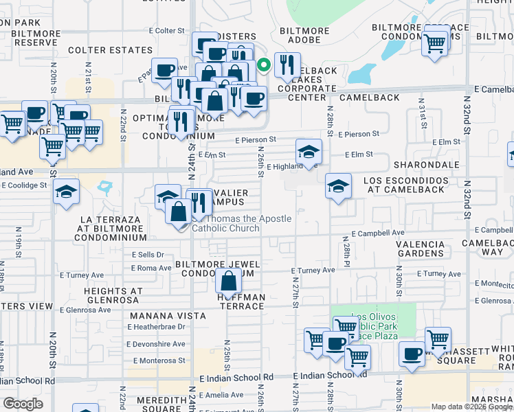 map of restaurants, bars, coffee shops, grocery stores, and more near 2544 East Meadowbrook Avenue in Phoenix