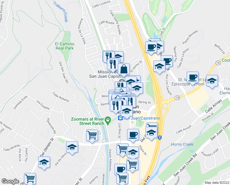 map of restaurants, bars, coffee shops, grocery stores, and more near 31608 Los Rios Street in San Juan Capistrano