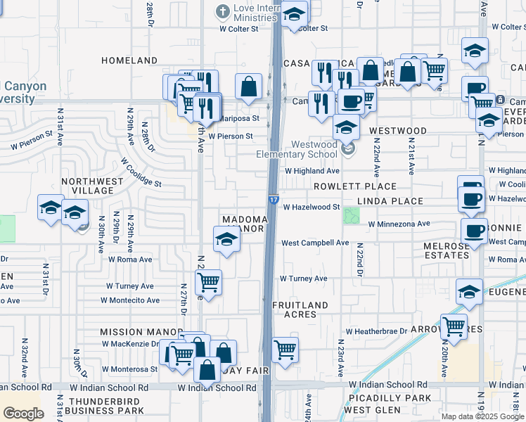 map of restaurants, bars, coffee shops, grocery stores, and more near 4546 North Black Canyon Highway in Phoenix
