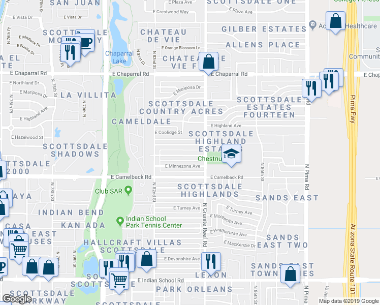 map of restaurants, bars, coffee shops, grocery stores, and more near 8320 East Meadowbrook Avenue in Scottsdale