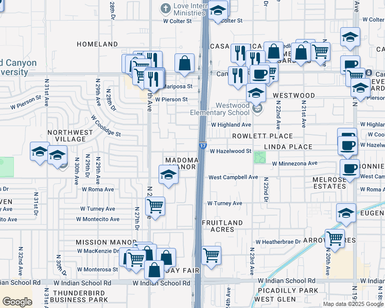 map of restaurants, bars, coffee shops, grocery stores, and more near 4546 North Black Canyon Highway in Phoenix