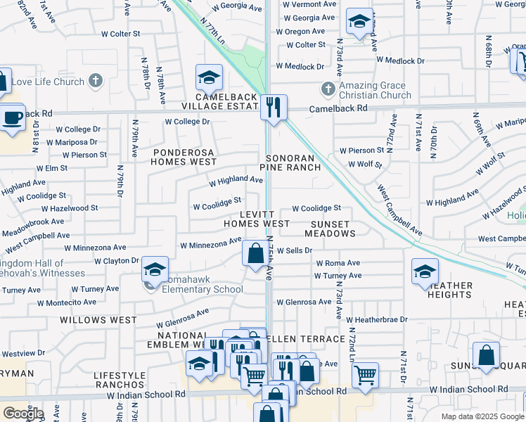 map of restaurants, bars, coffee shops, grocery stores, and more near 4621 North 75th Drive in Phoenix