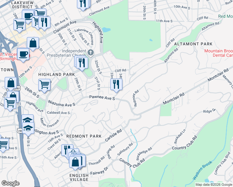 map of restaurants, bars, coffee shops, grocery stores, and more near 3350 Altamont Road South in Birmingham