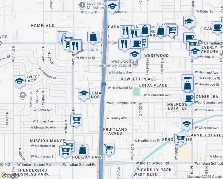 map of restaurants, bars, coffee shops, grocery stores, and more near 251 West Hazelwood Street in Phoenix