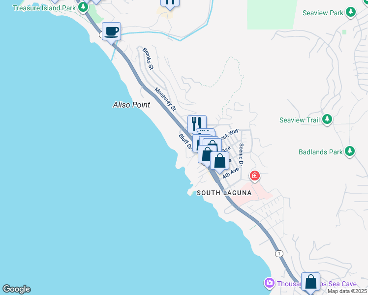 map of restaurants, bars, coffee shops, grocery stores, and more near 31541 Table Rock Drive in Laguna Beach