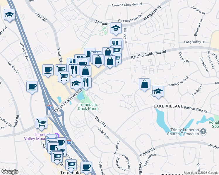 map of restaurants, bars, coffee shops, grocery stores, and more near 29405 Rancho California Road in Temecula