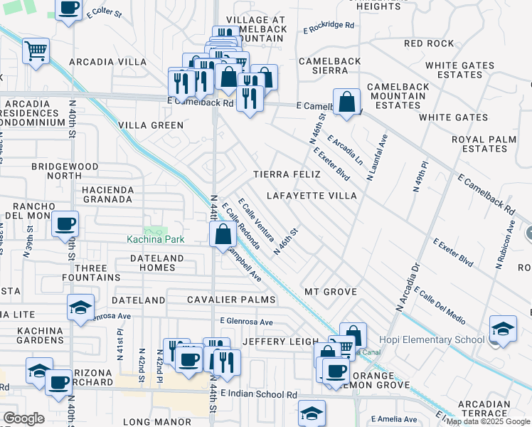 map of restaurants, bars, coffee shops, grocery stores, and more near 4543 East Calle Tuberia in Phoenix