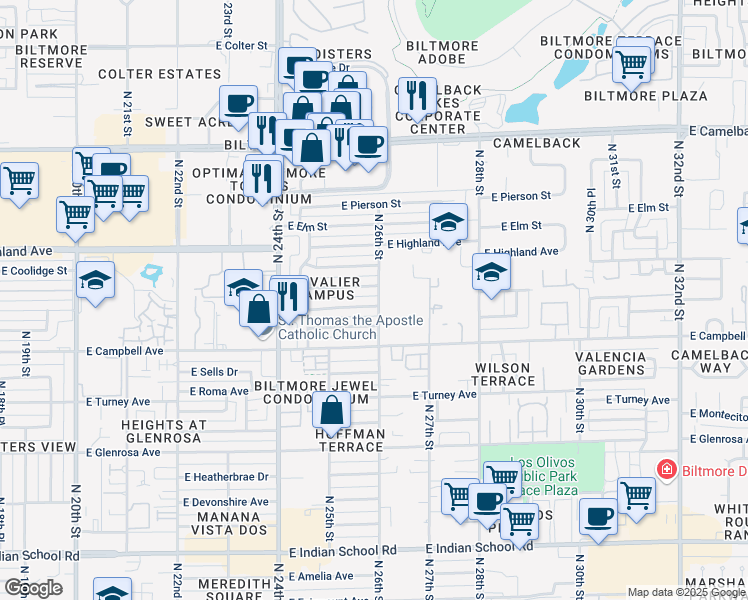 map of restaurants, bars, coffee shops, grocery stores, and more near 2544 East Meadowbrook Avenue in Phoenix