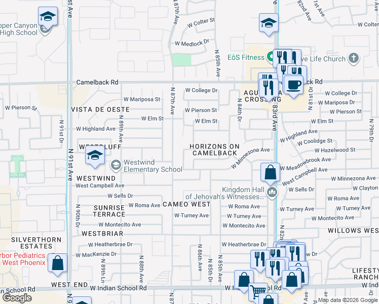 map of restaurants, bars, coffee shops, grocery stores, and more near 8557 West Hazelwood Street in Phoenix