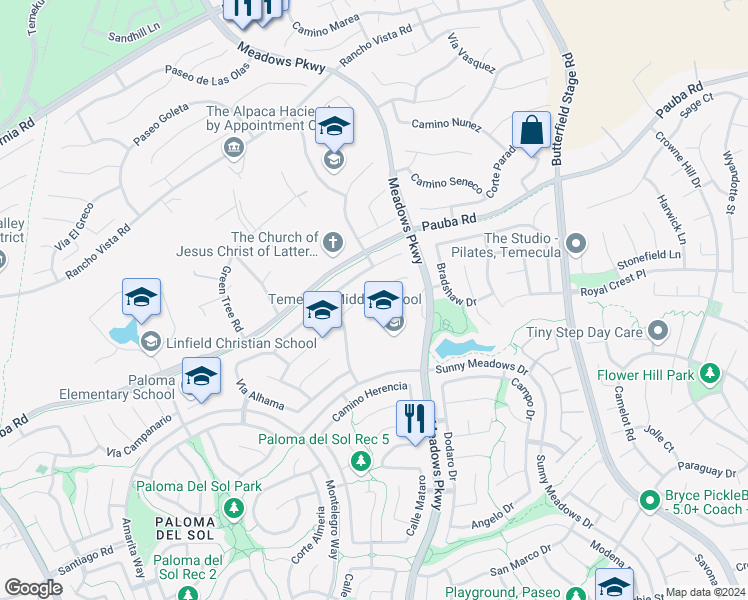 map of restaurants, bars, coffee shops, grocery stores, and more near 32163 Cala Torrente in Temecula