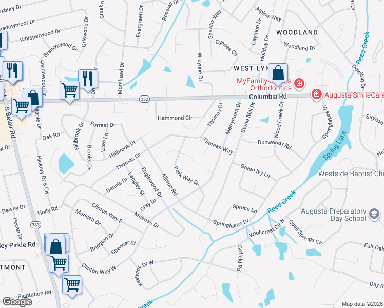 map of restaurants, bars, coffee shops, grocery stores, and more near 344 Park Way Court East in Martinez