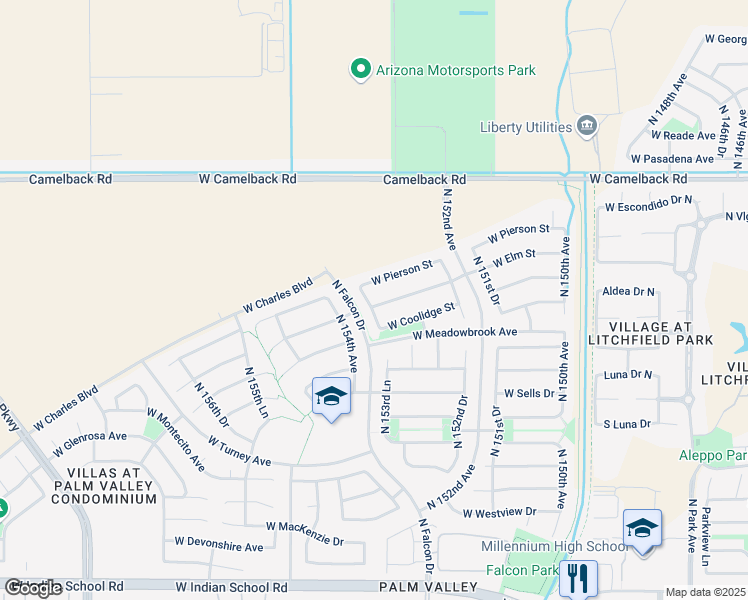 map of restaurants, bars, coffee shops, grocery stores, and more near 15370 West Elm Street in Goodyear