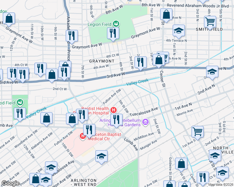 map of restaurants, bars, coffee shops, grocery stores, and more near 401 5th Street West in Birmingham