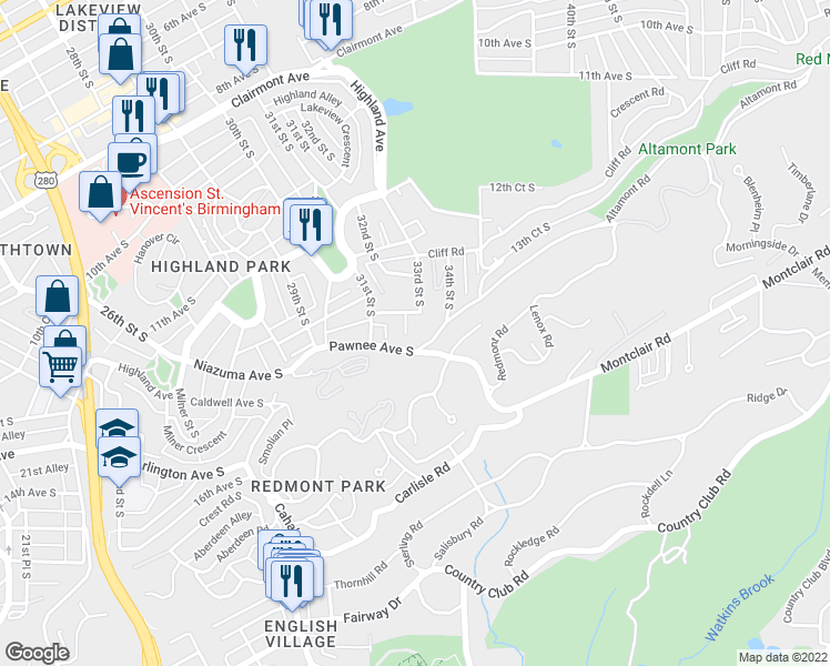 map of restaurants, bars, coffee shops, grocery stores, and more near 3350 Altamont Road South in Birmingham