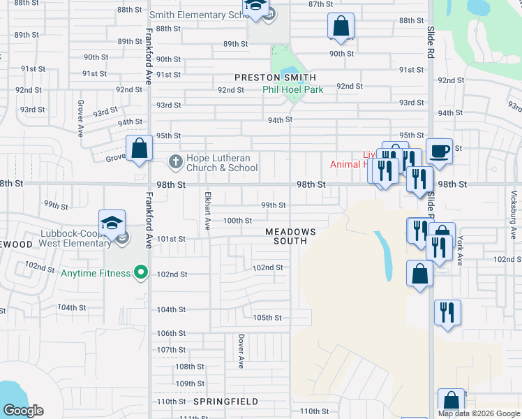 map of restaurants, bars, coffee shops, grocery stores, and more near 5513 99th Street in Lubbock