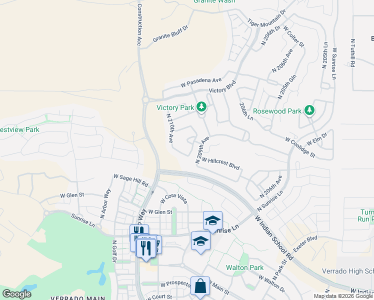 map of restaurants, bars, coffee shops, grocery stores, and more near 20933 West Coolidge Street in Buckeye