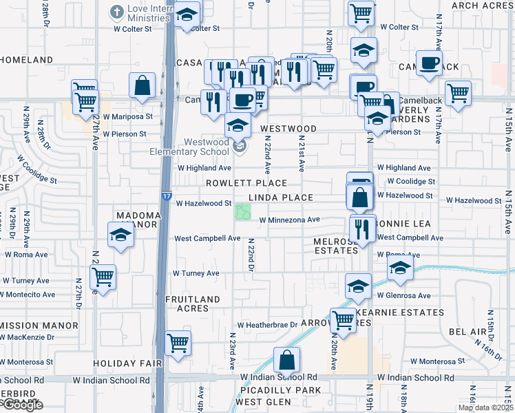 map of restaurants, bars, coffee shops, grocery stores, and more near 2215 West Hazelwood Street in Phoenix
