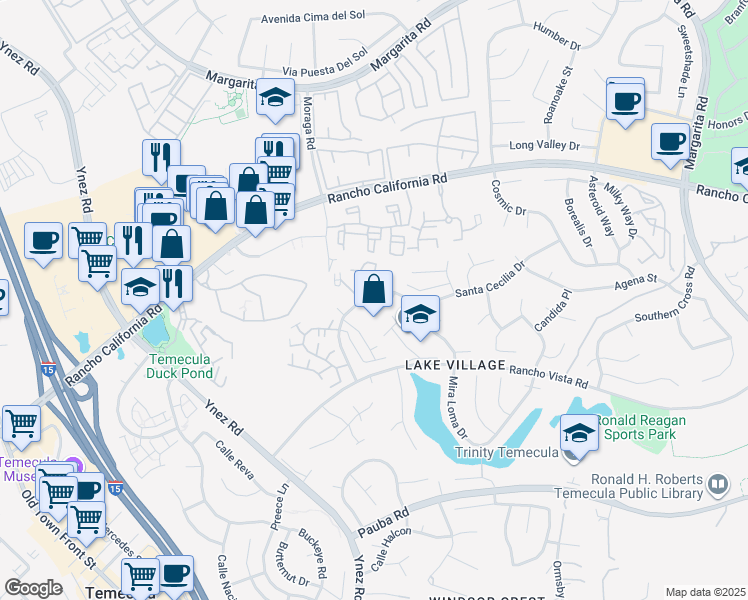 map of restaurants, bars, coffee shops, grocery stores, and more near 29589 Mira Loma Drive in Temecula