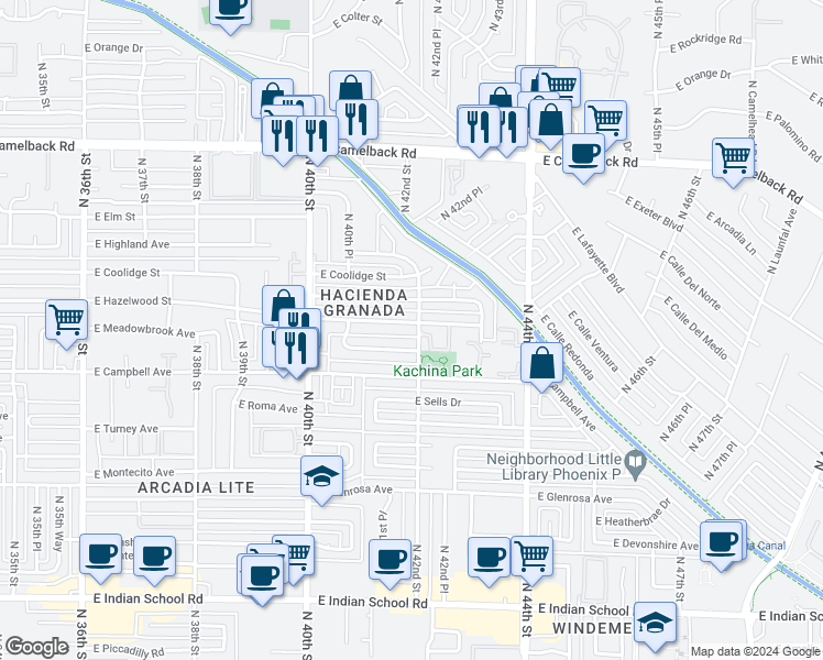 map of restaurants, bars, coffee shops, grocery stores, and more near 4137 East Hazelwood Street in Phoenix