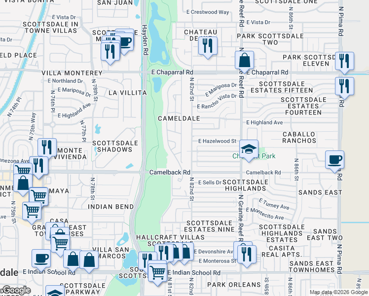 map of restaurants, bars, coffee shops, grocery stores, and more near 4607 North 82nd Street in Scottsdale
