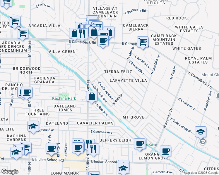 map of restaurants, bars, coffee shops, grocery stores, and more near 4543 East Calle Tuberia in Phoenix
