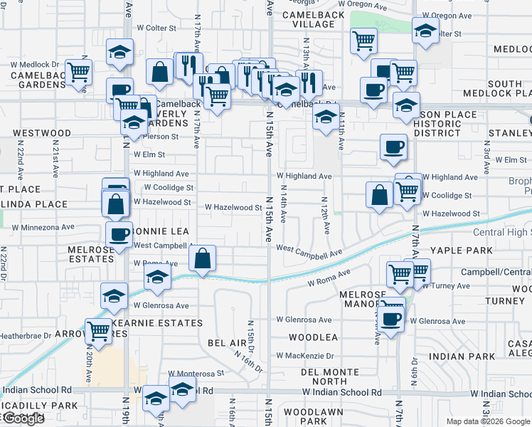 map of restaurants, bars, coffee shops, grocery stores, and more near 1505 West Hazelwood Street in Phoenix