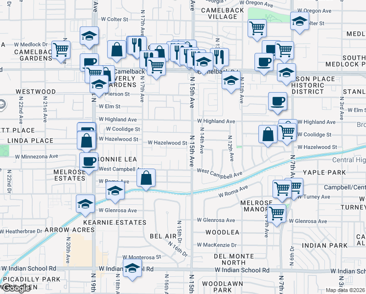 map of restaurants, bars, coffee shops, grocery stores, and more near 1505 West Hazelwood Street in Phoenix