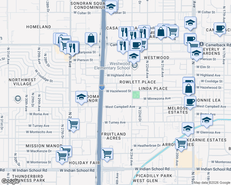map of restaurants, bars, coffee shops, grocery stores, and more near 2336 West Hazelwood Street in Phoenix