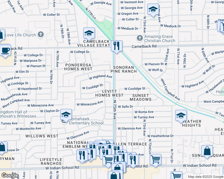 map of restaurants, bars, coffee shops, grocery stores, and more near 4621 North 75th Drive in Phoenix