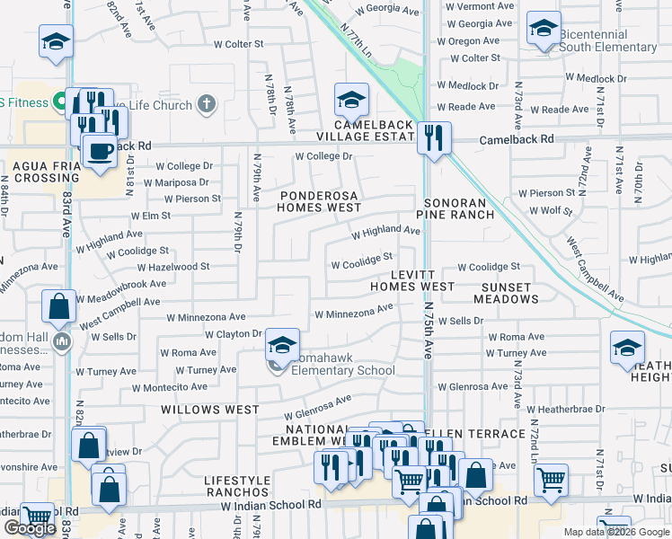 map of restaurants, bars, coffee shops, grocery stores, and more near 4638 North 77th Avenue in Phoenix