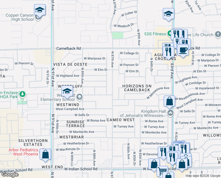 map of restaurants, bars, coffee shops, grocery stores, and more near 4556 North 87th Avenue in Phoenix