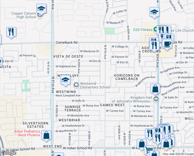 map of restaurants, bars, coffee shops, grocery stores, and more near 8741 West Hazelwood Street in Phoenix
