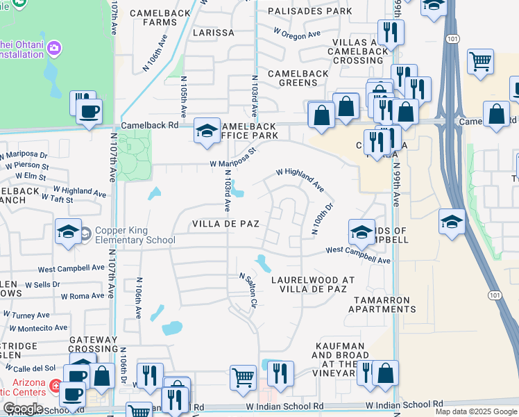 map of restaurants, bars, coffee shops, grocery stores, and more near 10216 West Coolidge Street in Phoenix