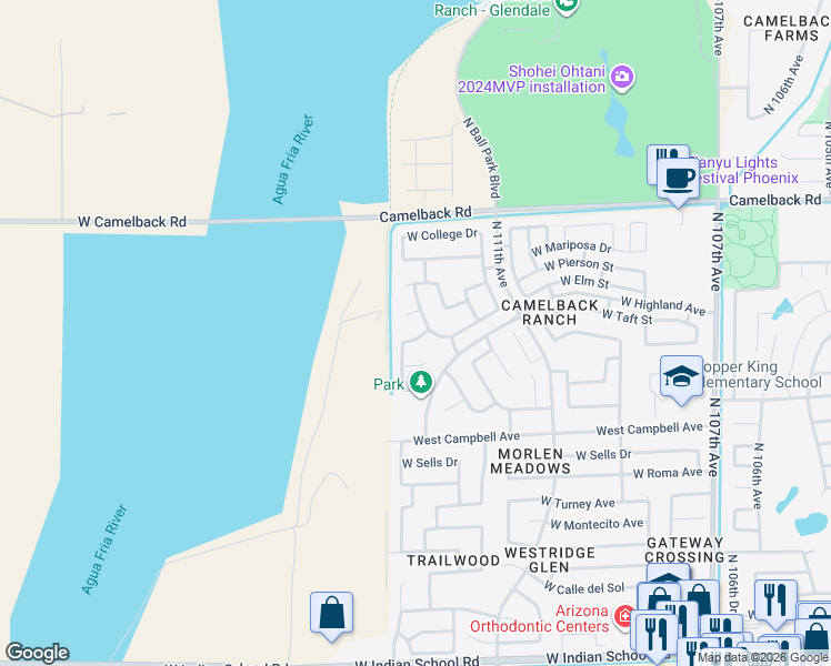 map of restaurants, bars, coffee shops, grocery stores, and more near 11325 West Elm Street in Phoenix