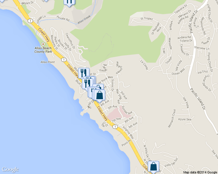map of restaurants, bars, coffee shops, grocery stores, and more near 31615 2nd Avenue in Laguna Beach