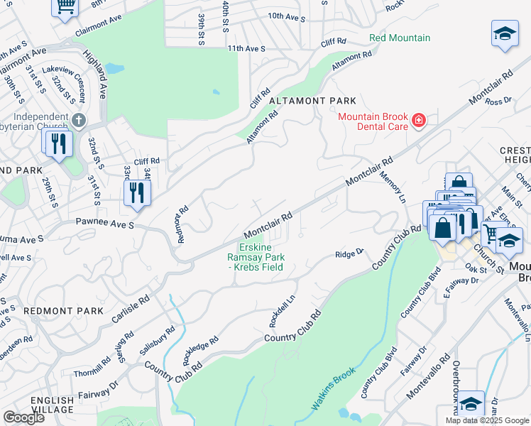 map of restaurants, bars, coffee shops, grocery stores, and more near 3752 Country Club Drive South in Birmingham