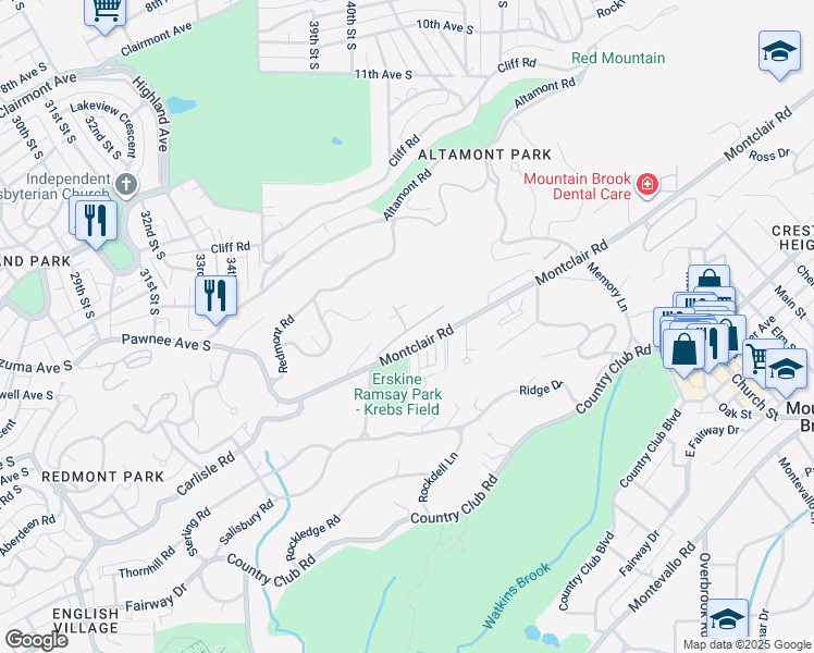 map of restaurants, bars, coffee shops, grocery stores, and more near 3752 Country Club Drive South in Birmingham