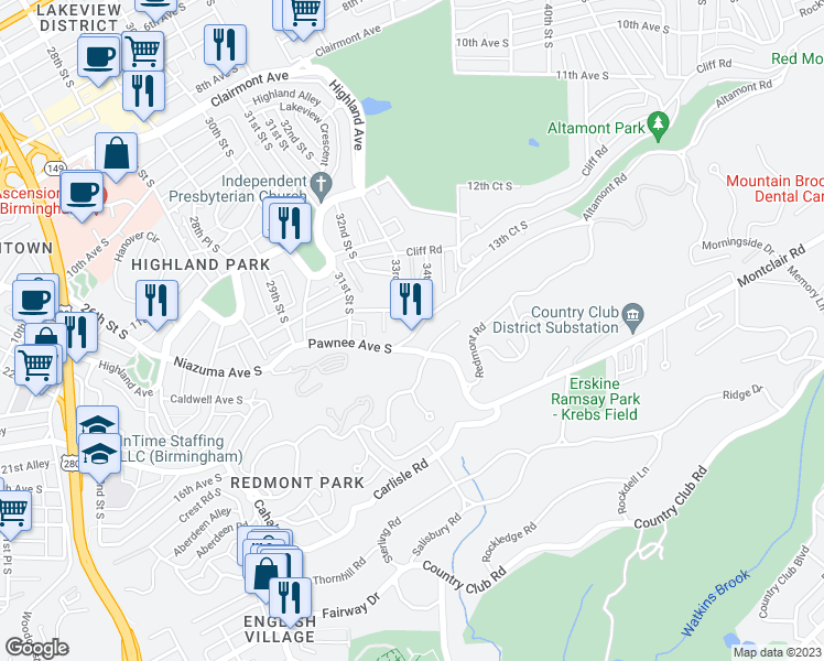 map of restaurants, bars, coffee shops, grocery stores, and more near 3350 Altamont Road South in Birmingham