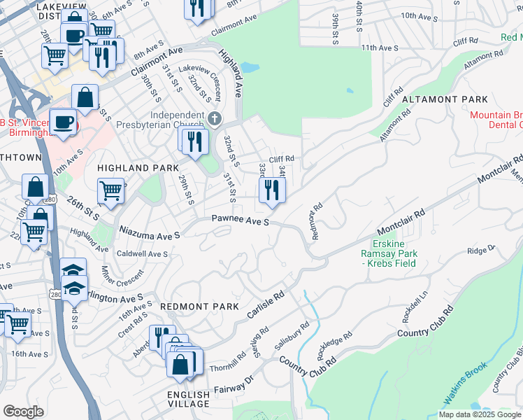 map of restaurants, bars, coffee shops, grocery stores, and more near 3350 Altamont Road South in Birmingham