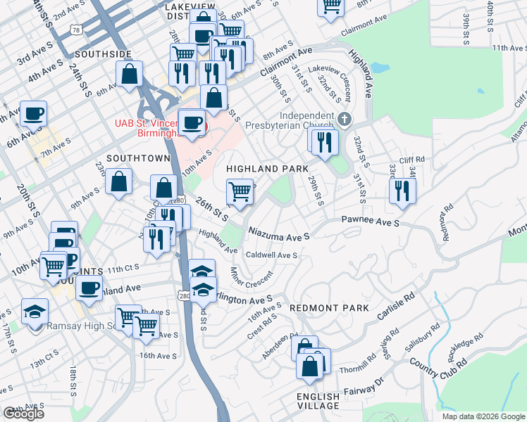 map of restaurants, bars, coffee shops, grocery stores, and more near 2727 Highland Avenue in Birmingham