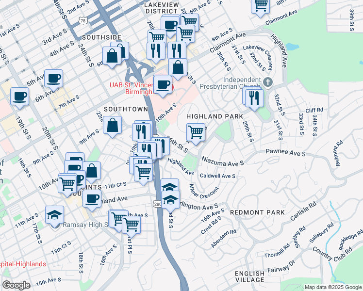 map of restaurants, bars, coffee shops, grocery stores, and more near 2603 11th Avenue South in Birmingham