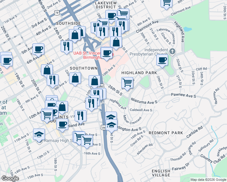 map of restaurants, bars, coffee shops, grocery stores, and more near 1063 24th Street South in Birmingham
