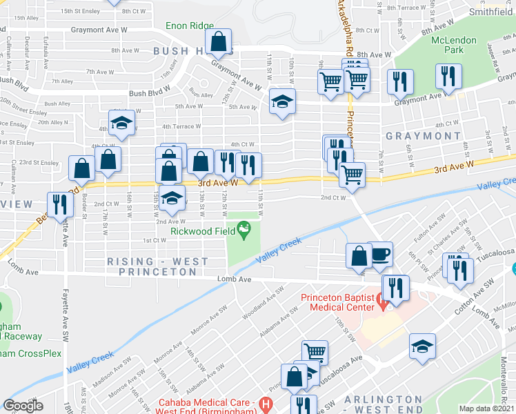 map of restaurants, bars, coffee shops, grocery stores, and more near 1037 2nd Court West in Birmingham