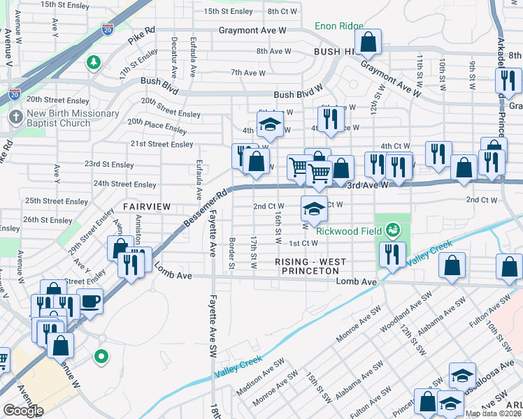 map of restaurants, bars, coffee shops, grocery stores, and more near 1611 2nd Court West in Birmingham