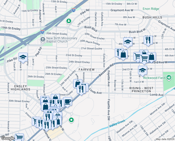 map of restaurants, bars, coffee shops, grocery stores, and more near 2623 29th Street Ensley in Birmingham
