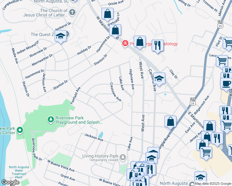 map of restaurants, bars, coffee shops, grocery stores, and more near 1129 Crestview Avenue in North Augusta