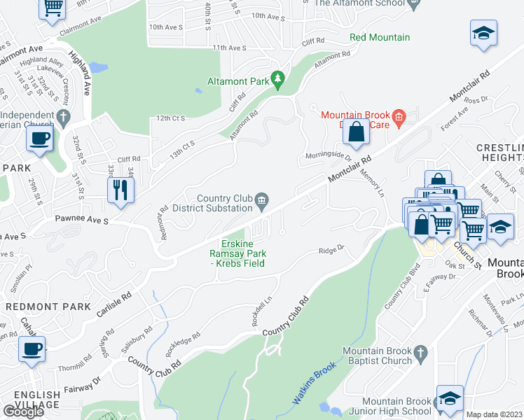 map of restaurants, bars, coffee shops, grocery stores, and more near 3624 Montclair Road in Birmingham