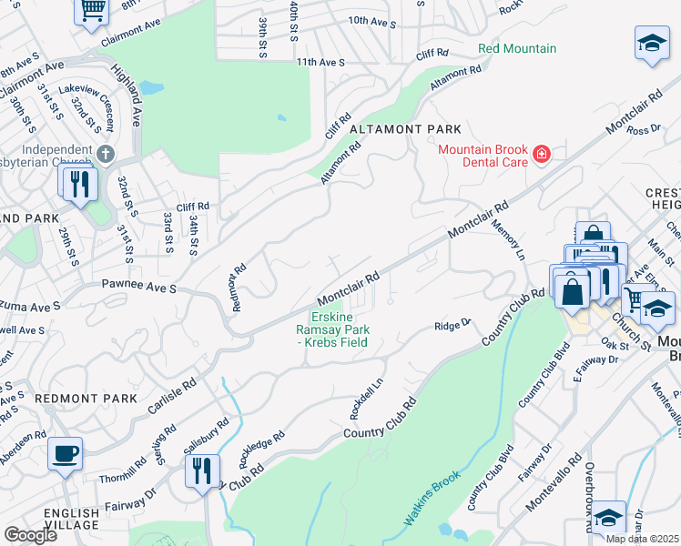 map of restaurants, bars, coffee shops, grocery stores, and more near 3752 Country Club Drive South in Birmingham