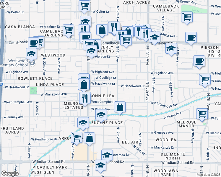 map of restaurants, bars, coffee shops, grocery stores, and more near 4542 North 17th Drive in Phoenix