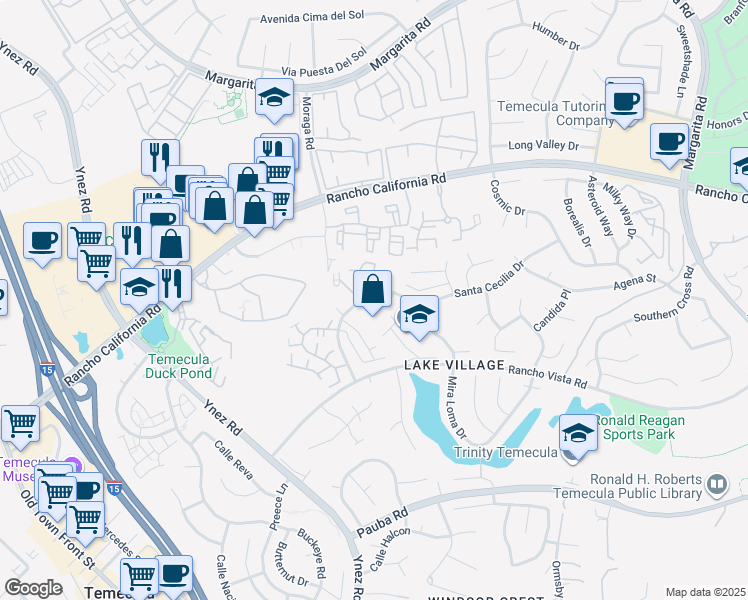 map of restaurants, bars, coffee shops, grocery stores, and more near 29589 Mira Loma Drive in Temecula